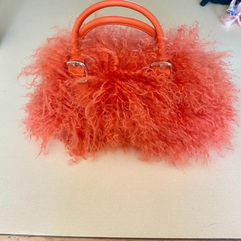 DKNY Avant Garde Designer Bright Orange Fur-Effect Purse-Lux Statement Piece - Picture 2 of 5